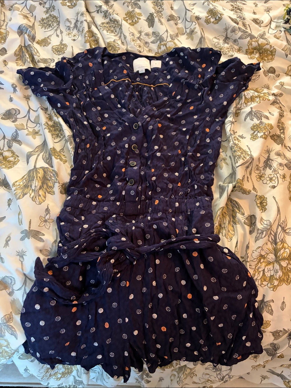 Anthropology Navy Polka Dot romper  with Belt